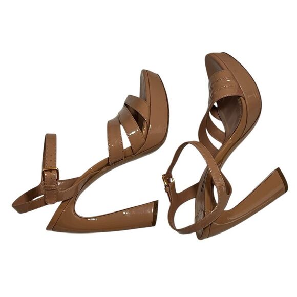 Miu Miu Vernice Block Heel Platform Sandals Size 37 1/2 Tan Nude - Picture 6 of 15